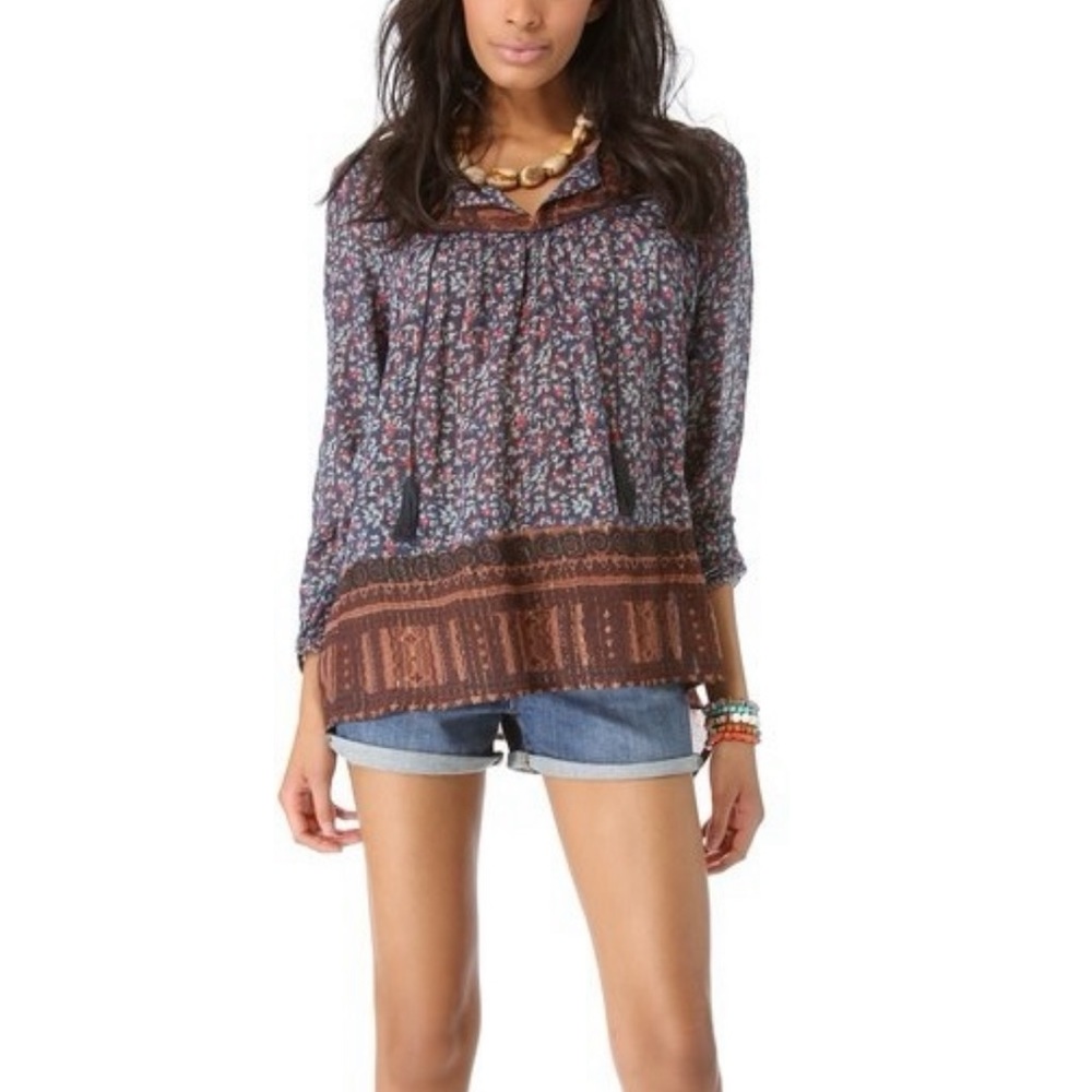 FREE PEOPLE Navy Floral Boho Prairie Top Blouse